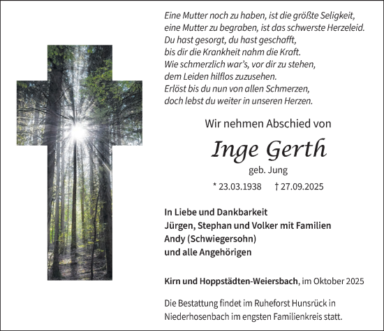 Traueranzeige von Inge Gerth von WochenSpiegel