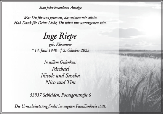 Traueranzeige von Inge Riepe von WochenSpiegel