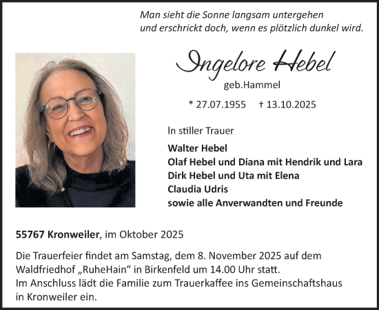 Traueranzeige von Ingelore Hebel von WochenSpiegel