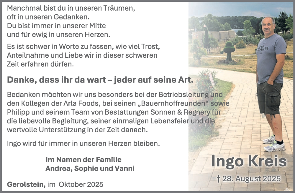  Traueranzeige für Ingo Kreis vom 25.10.2025 aus WochenSpiegel