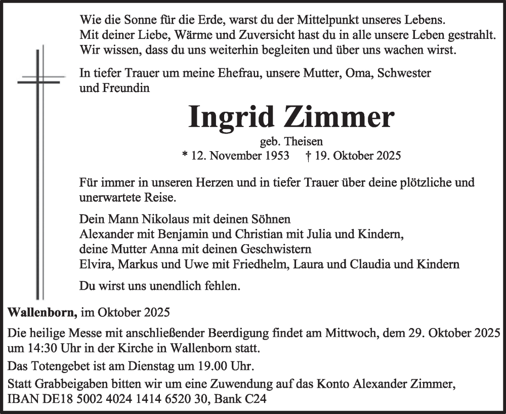  Traueranzeige für Ingrid Zimmer vom 25.10.2025 aus WochenSpiegel