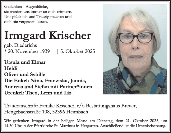 Traueranzeige von Irmgard Krischer von WochenSpiegel