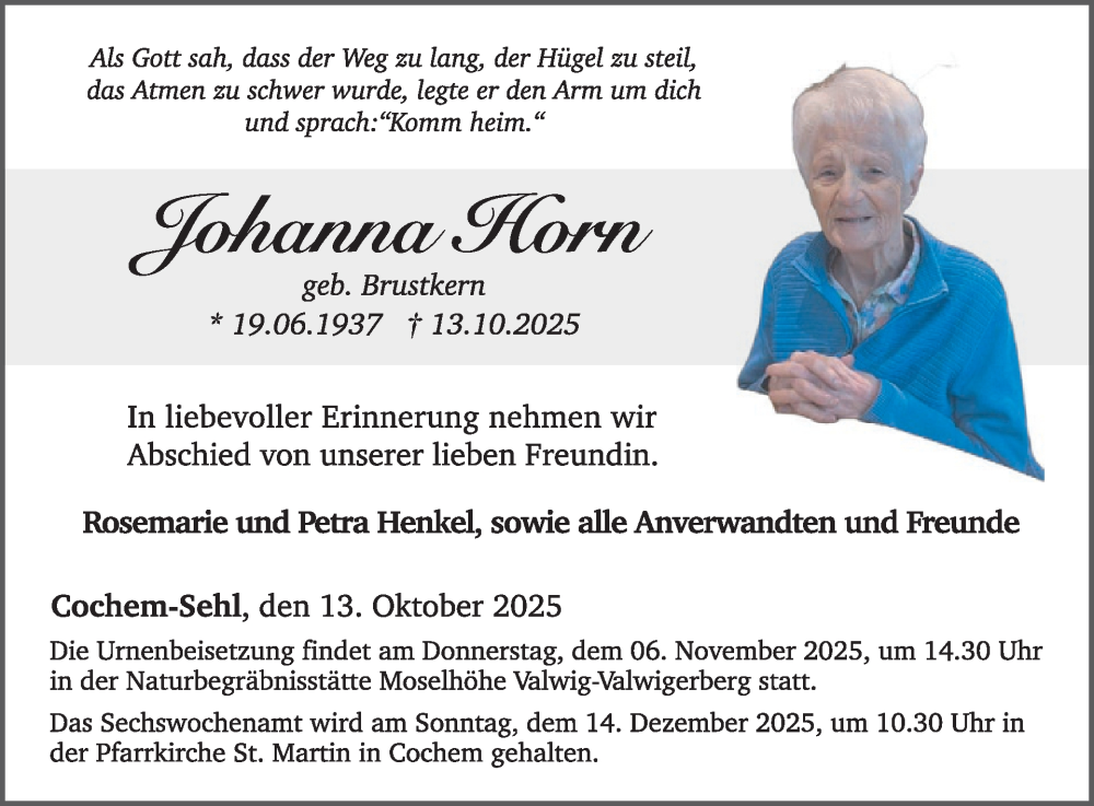  Traueranzeige für Johanna Horn vom 29.10.2025 aus WochenSpiegel