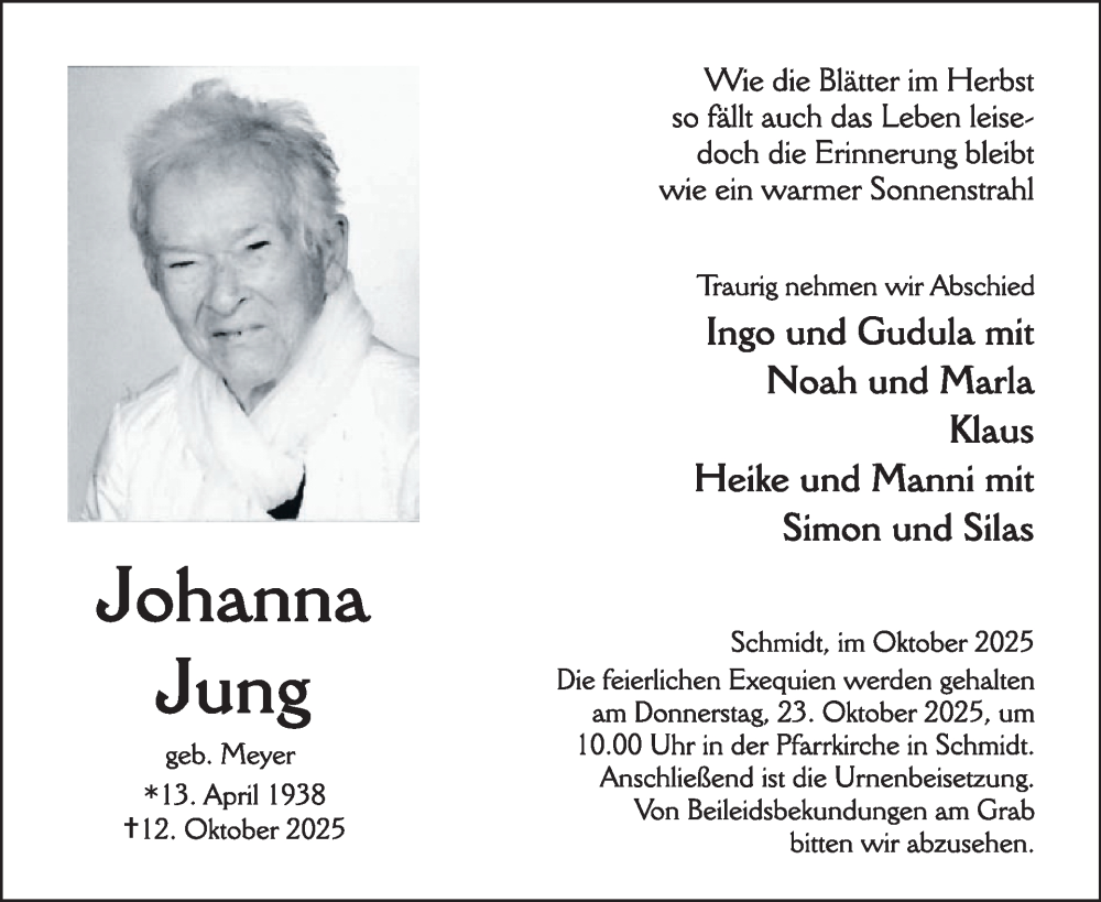  Traueranzeige für Johanna Jung vom 15.10.2025 aus WochenSpiegel