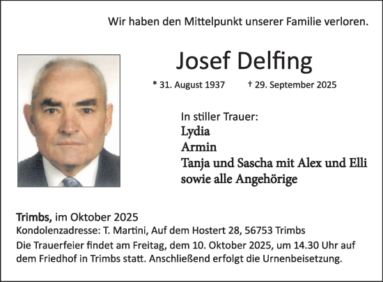 Traueranzeige von Josef Delfing von WochenSpiegel
