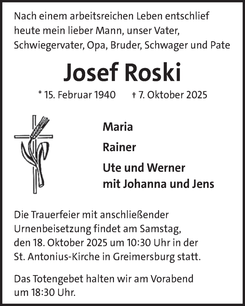  Traueranzeige für Josef Roski vom 15.10.2025 aus WochenSpiegel