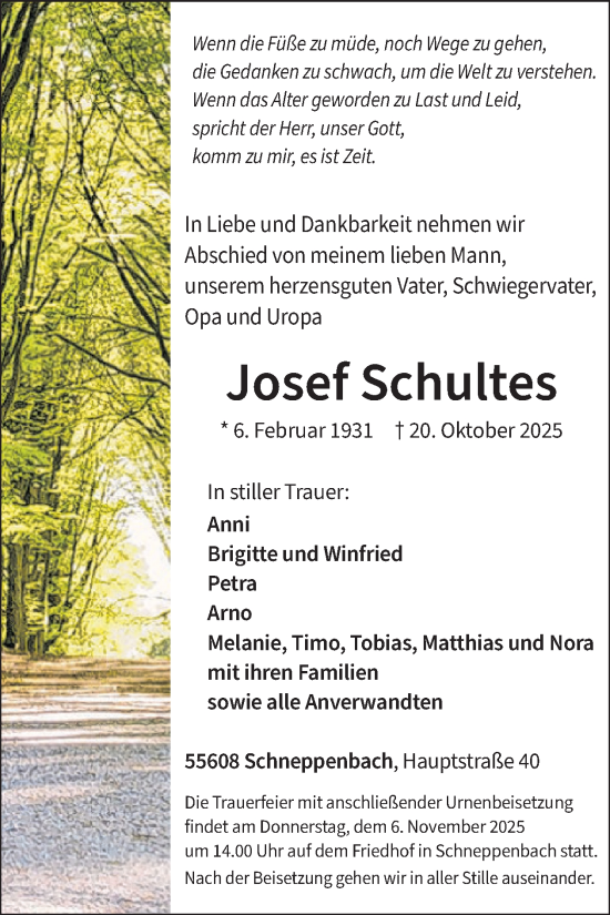 Traueranzeige von Josef Schultes von WochenSpiegel