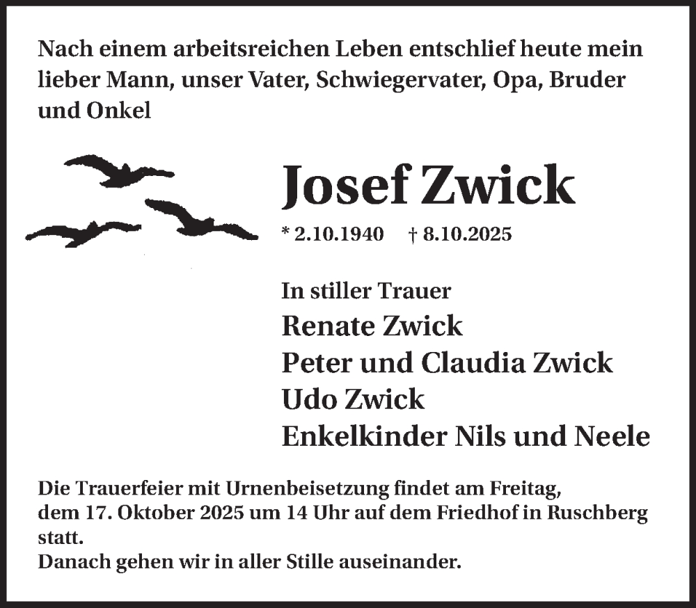  Traueranzeige für Josef Zwick vom 18.10.2025 aus WochenSpiegel