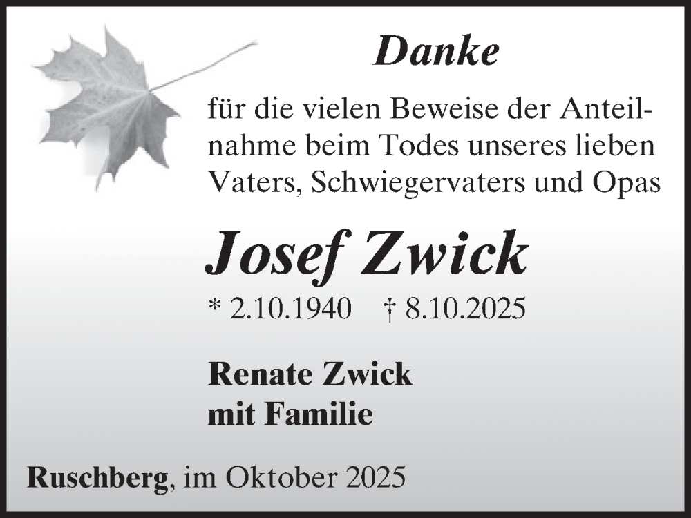  Traueranzeige für Josef Zwick vom 31.10.2025 aus WochenSpiegel