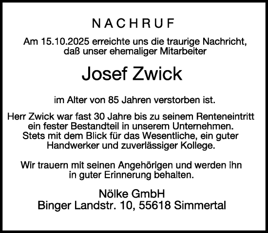 Traueranzeige von Josef Zwick von WochenSpiegel