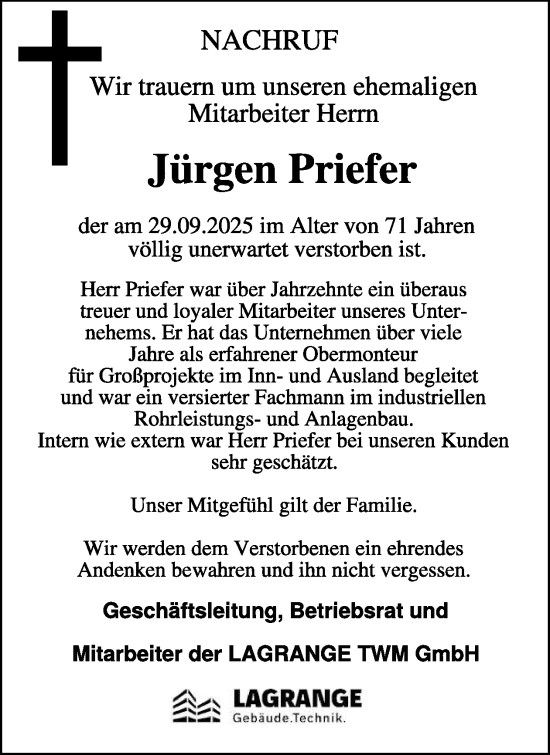 Traueranzeige von Jürgen Priefer von WochenSpiegel