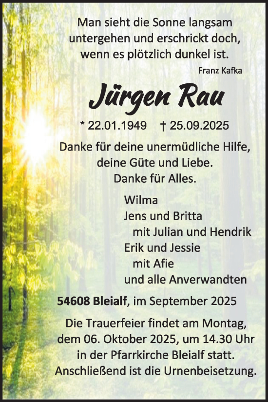 Traueranzeige von Jürgen Rau von WochenSpiegel