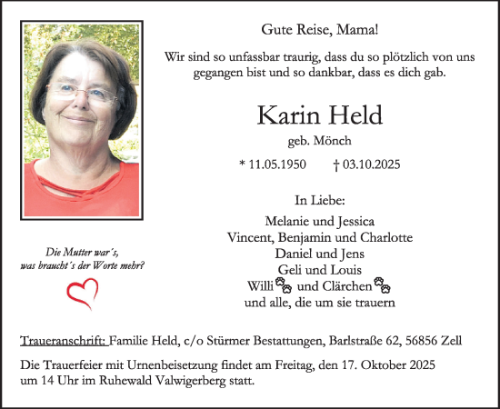 Traueranzeige von Karin Held von WochenSpiegel