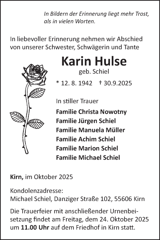 Traueranzeige von Karin Hulse von WochenSpiegel