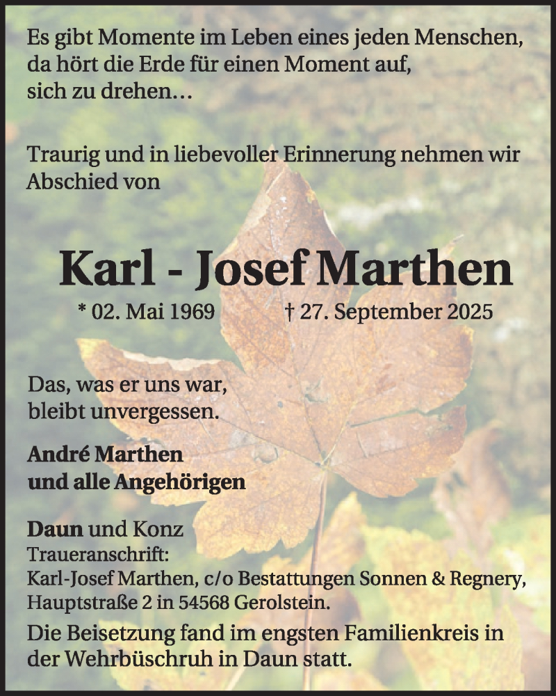  Traueranzeige für Karl-Josef Marthen vom 18.10.2025 aus WochenSpiegel
