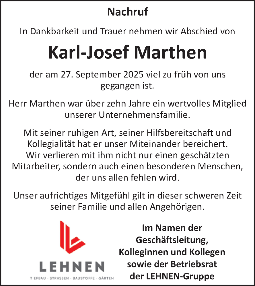  Traueranzeige für Karl-Josef Marthen vom 18.10.2025 aus WochenSpiegel