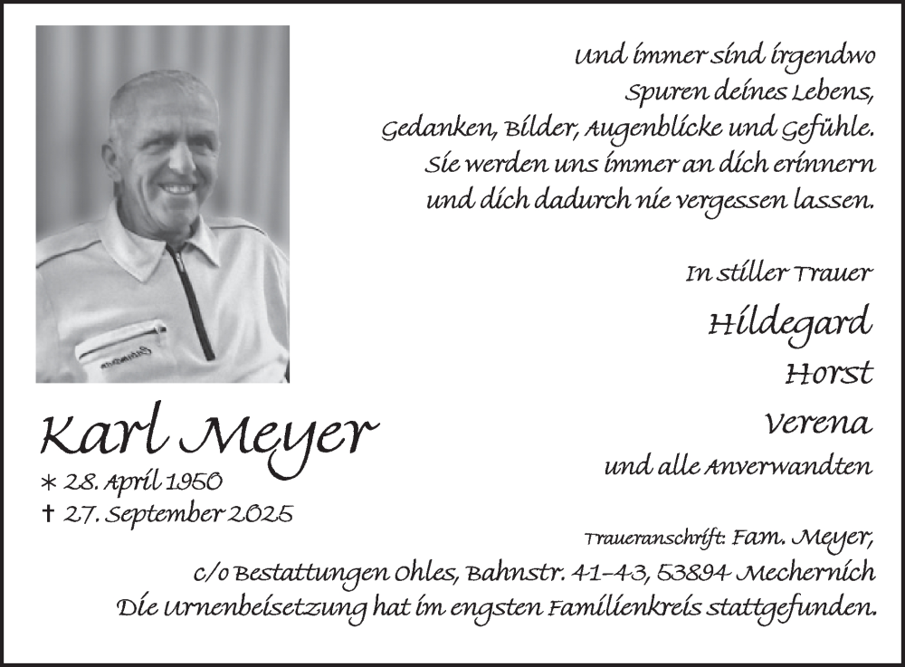  Traueranzeige für Karl Meyer vom 22.10.2025 aus WochenSpiegel