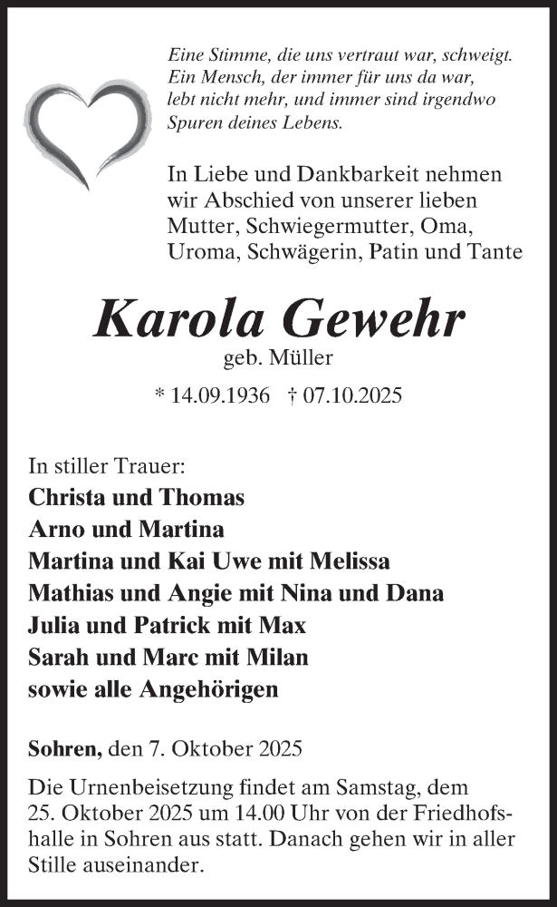  Traueranzeige für Karola Gewehr vom 18.10.2025 aus WochenSpiegel