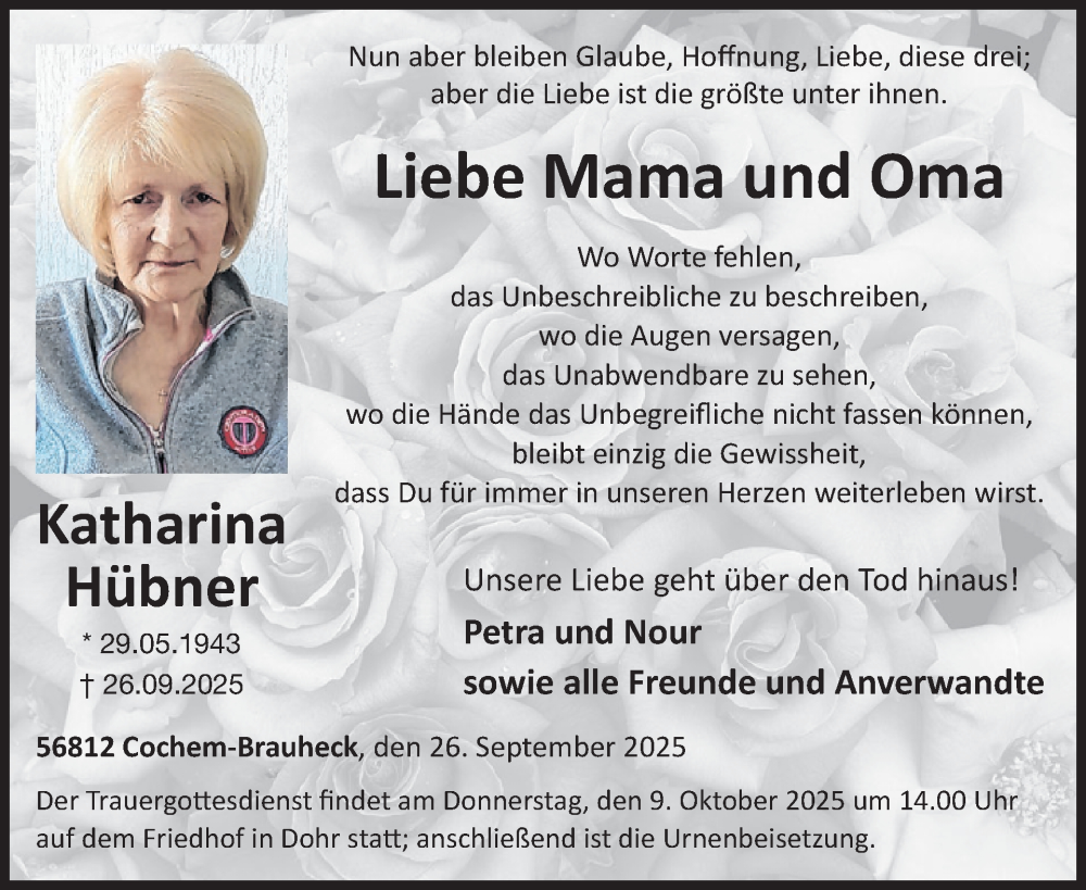  Traueranzeige für Katharina Hübner vom 08.10.2025 aus WochenSpiegel