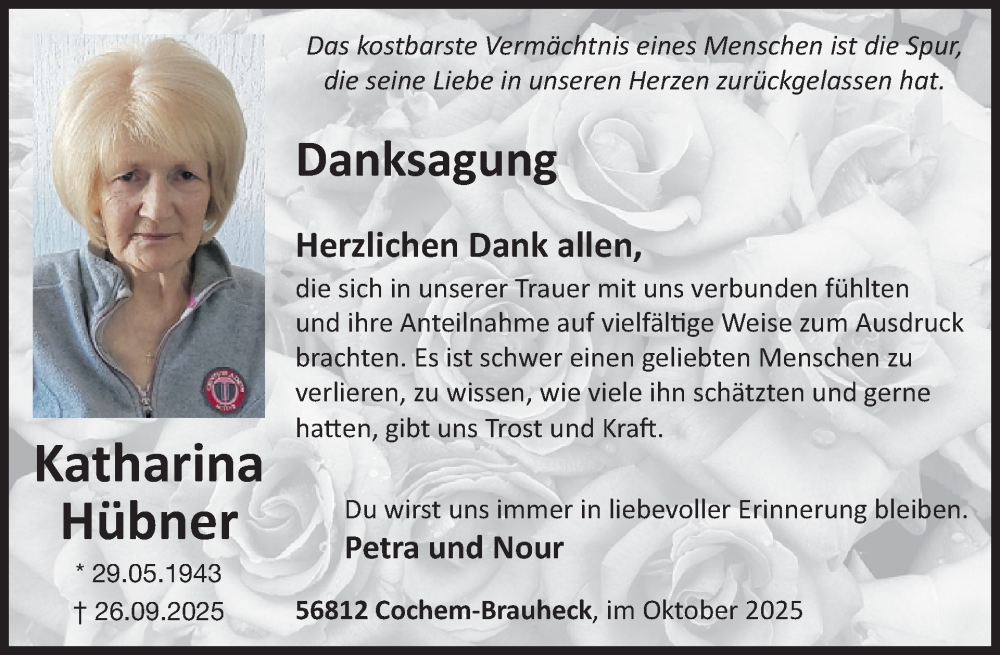  Traueranzeige für Katharina Hübner vom 29.10.2025 aus WochenSpiegel