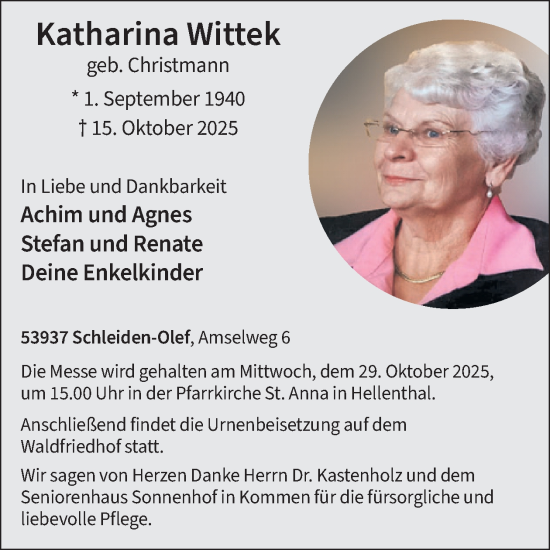 Traueranzeige von Katharina Wittek von WochenSpiegel