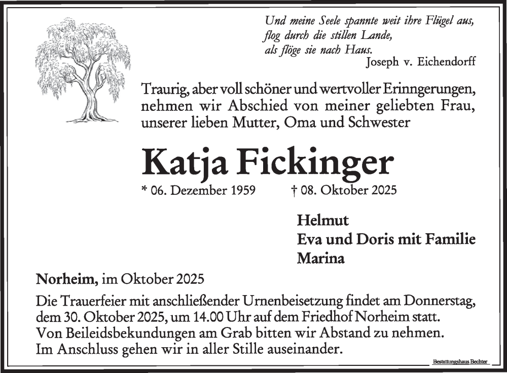  Traueranzeige für Katja Fickinger vom 25.10.2025 aus WochenSpiegel