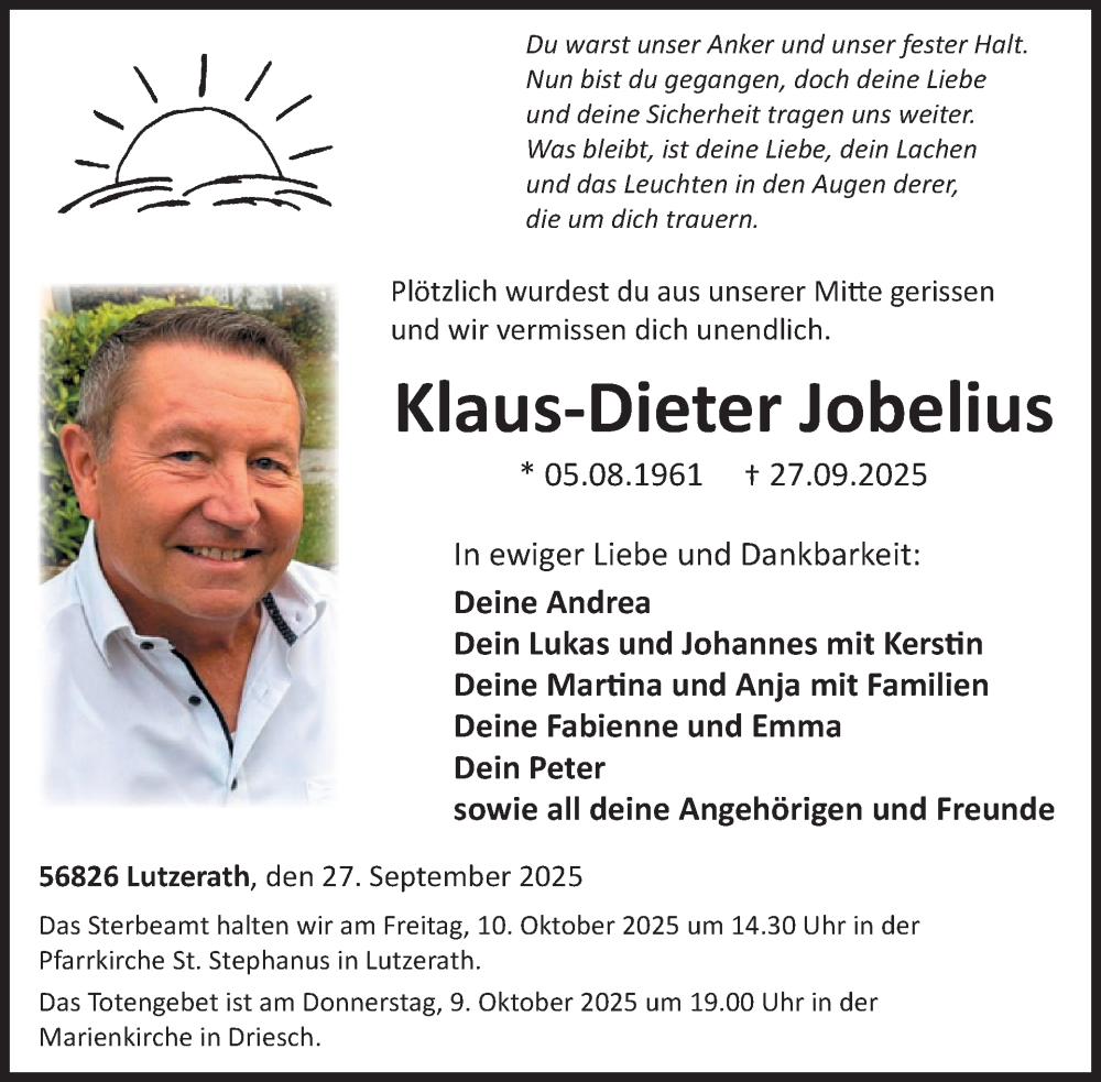  Traueranzeige für Klaus-Dieter Jobelius vom 11.10.2025 aus WochenSpiegel