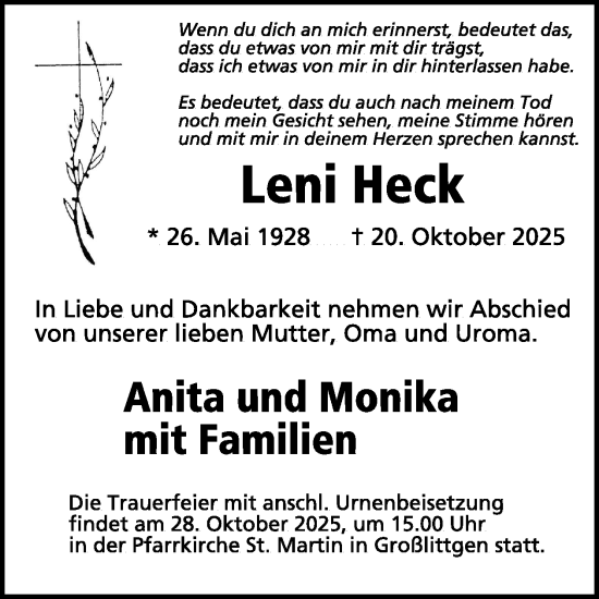 Traueranzeige von Leni Heck von WochenSpiegel