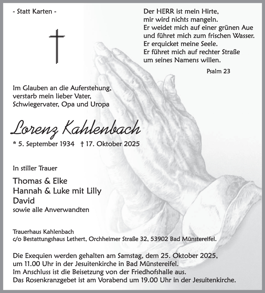  Traueranzeige für Loren Kahlenbach vom 22.10.2025 aus WochenSpiegel