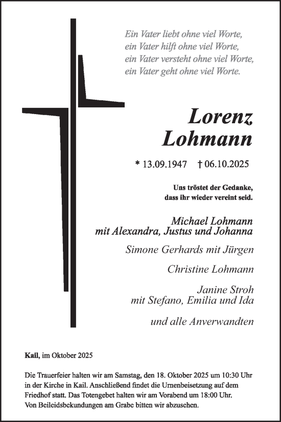 Traueranzeige von Lorenz Lohmann von WochenSpiegel