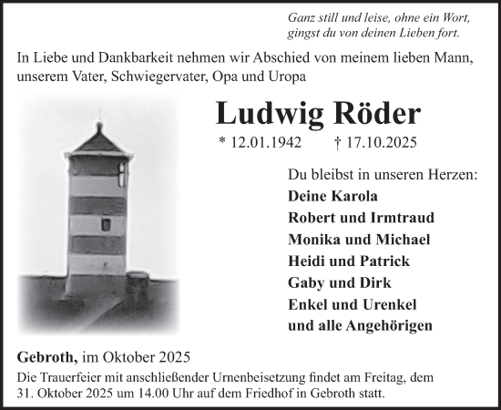 Traueranzeige von Ludwig Röder von WochenSpiegel