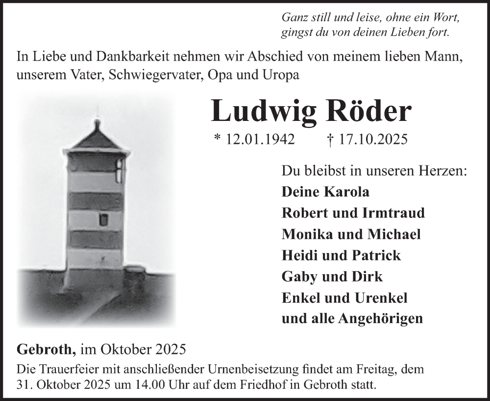 Traueranzeige für Ludwig Röder vom 25.10.2025 aus WochenSpiegel