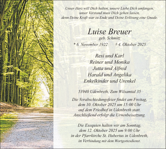 Traueranzeige von Luise Breuer von WochenSpiegel