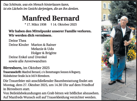 Traueranzeige von Manfred Bernard von WochenSpiegel
