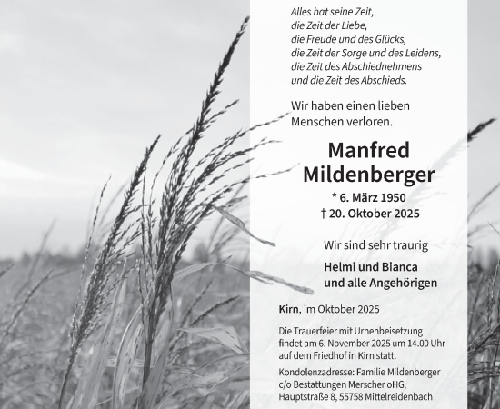 Traueranzeige von Manfred Mildenberger von WochenSpiegel