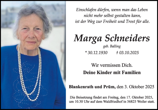 Traueranzeige von Marga Schneiders von WochenSpiegel