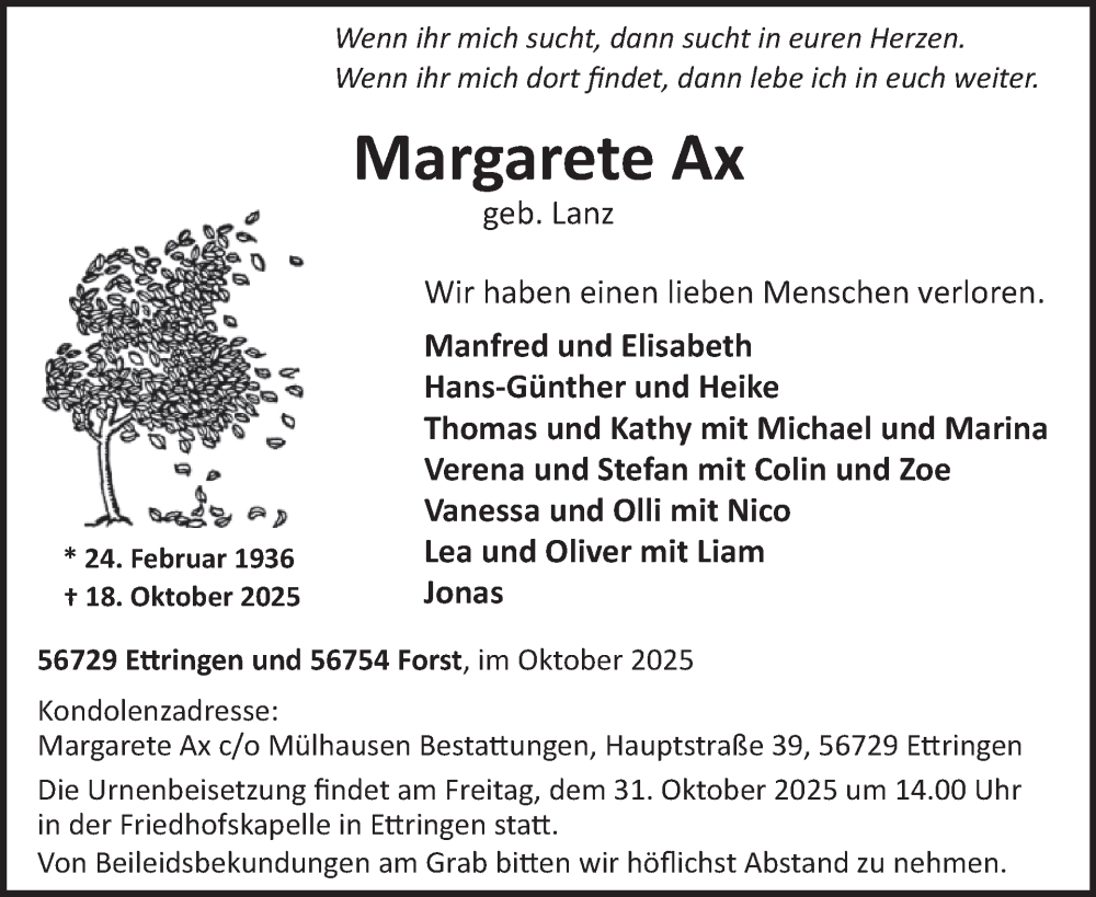  Traueranzeige für Margarete Ax vom 29.10.2025 aus WochenSpiegel