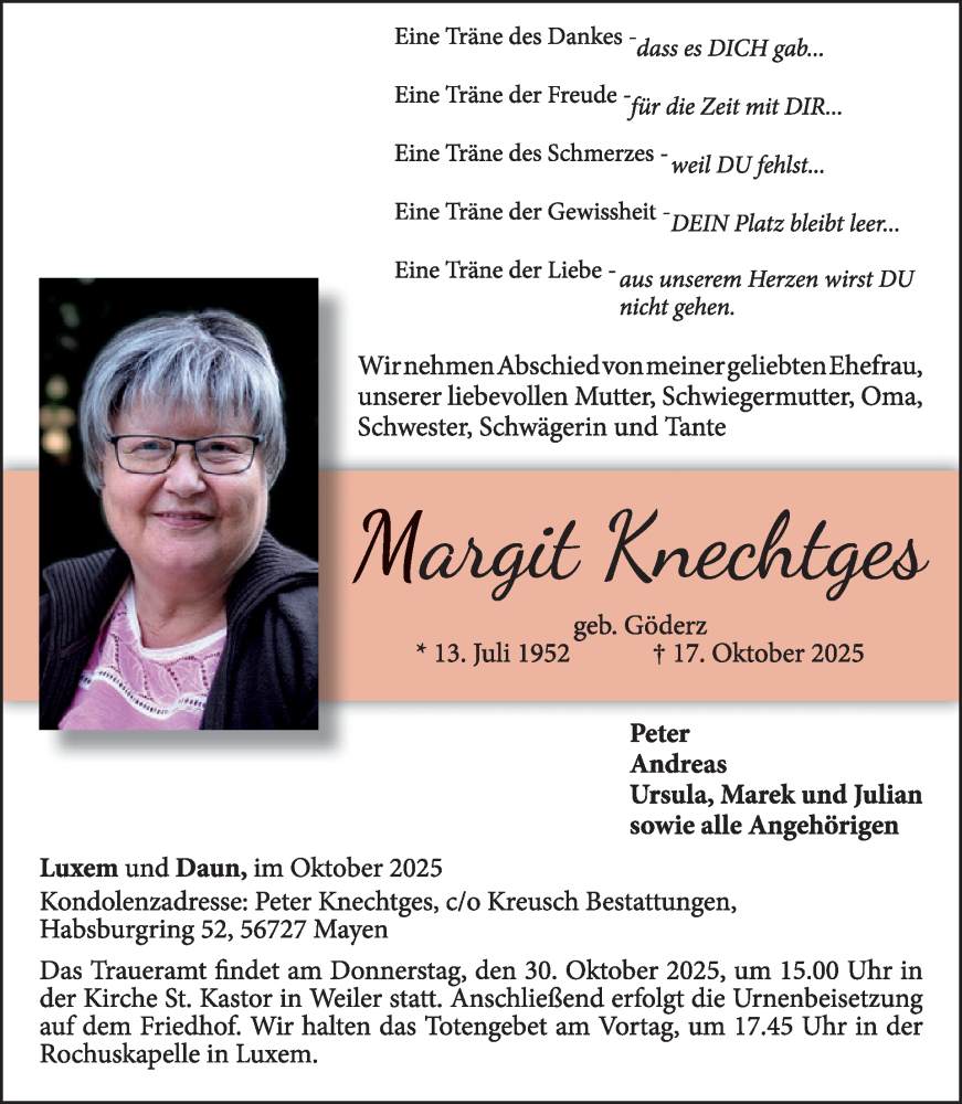  Traueranzeige für Margit Knechtges vom 29.10.2025 aus WochenSpiegel