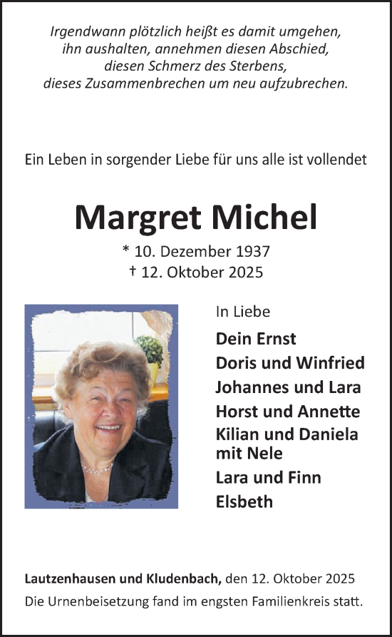 Traueranzeige von Margret Michel von WochenSpiegel
