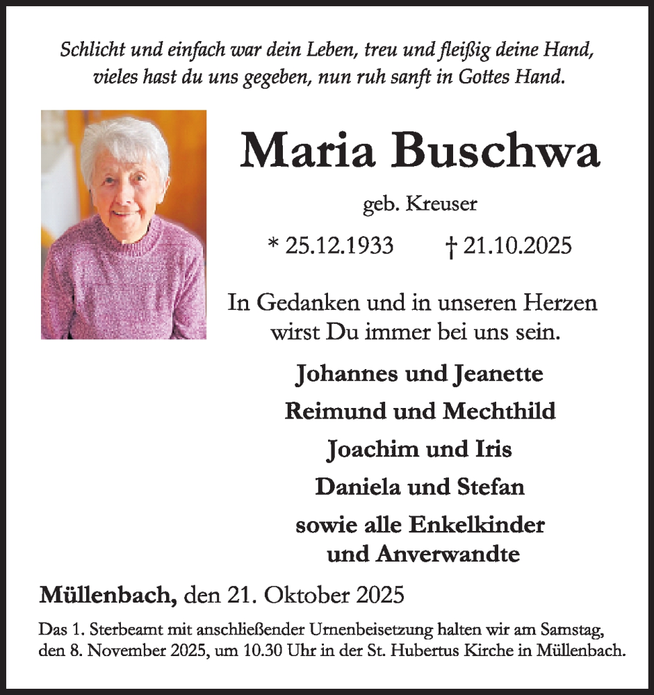  Traueranzeige für Maria Buschwa vom 29.10.2025 aus WochenSpiegel