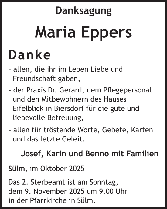 Traueranzeige von Maria Eppers von WochenSpiegel
