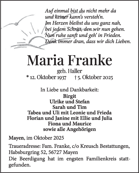 Traueranzeige von Maria Franke von WochenSpiegel