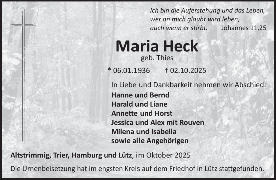 Traueranzeige von Maria Heck von WochenSpiegel
