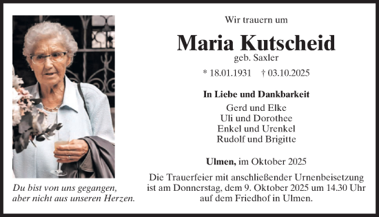 Traueranzeige von Maria Kutscheid von WochenSpiegel