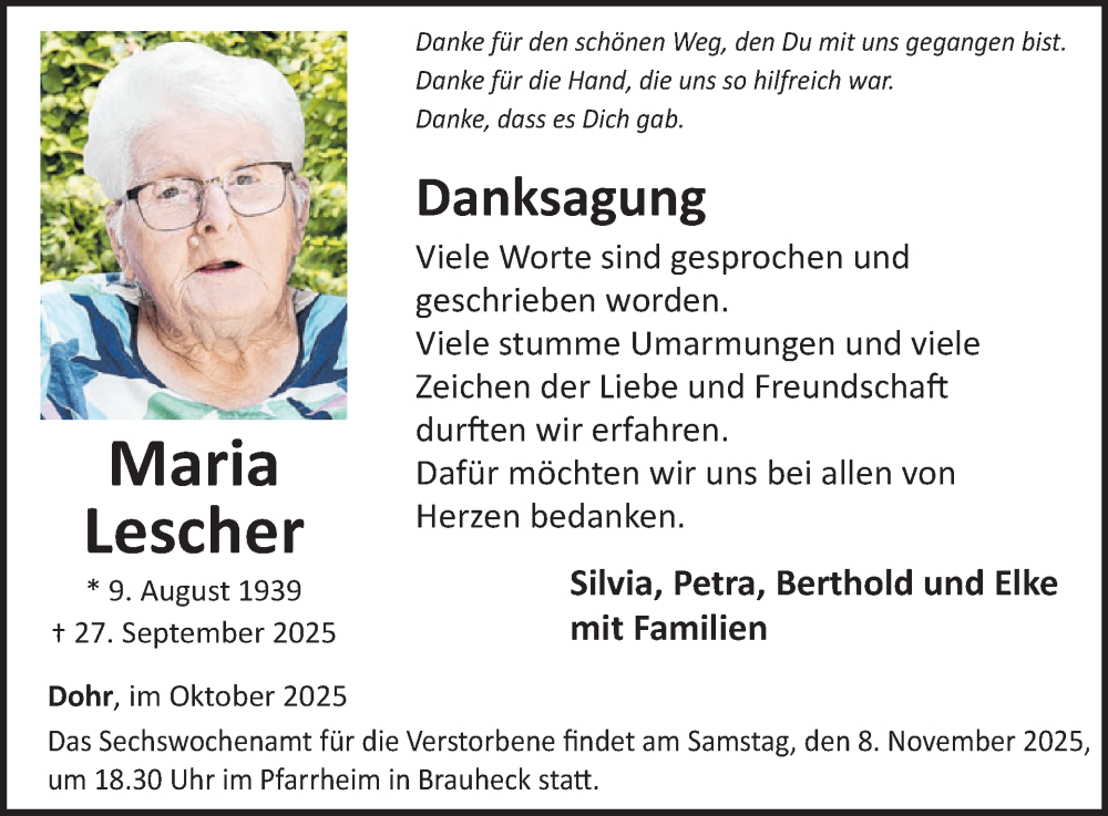 Traueranzeige für Maria Lescher vom 29.10.2025 aus WochenSpiegel
