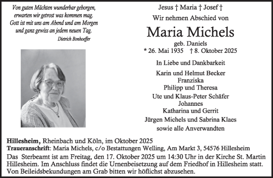 Traueranzeige von Maria Michels von WochenSpiegel