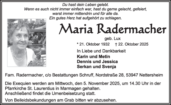 Traueranzeige von Maria Radermacher von WochenSpiegel