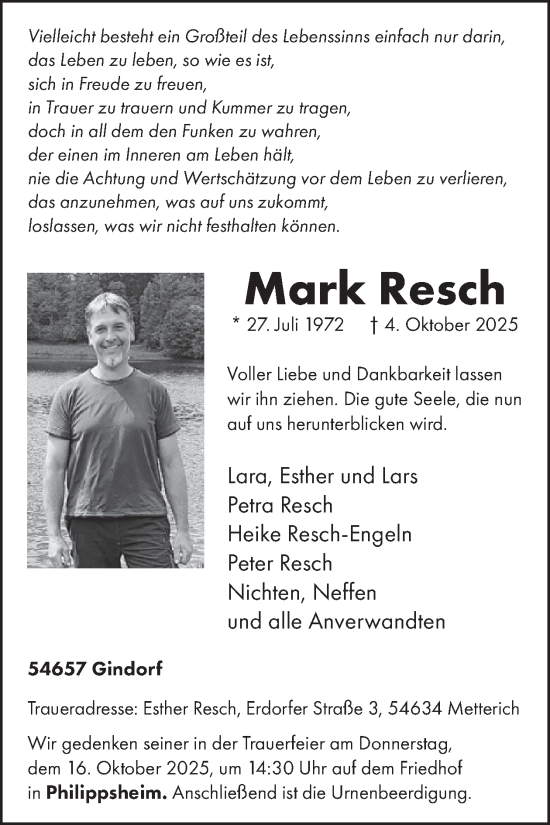 Traueranzeige von Mark Resch von WochenSpiegel