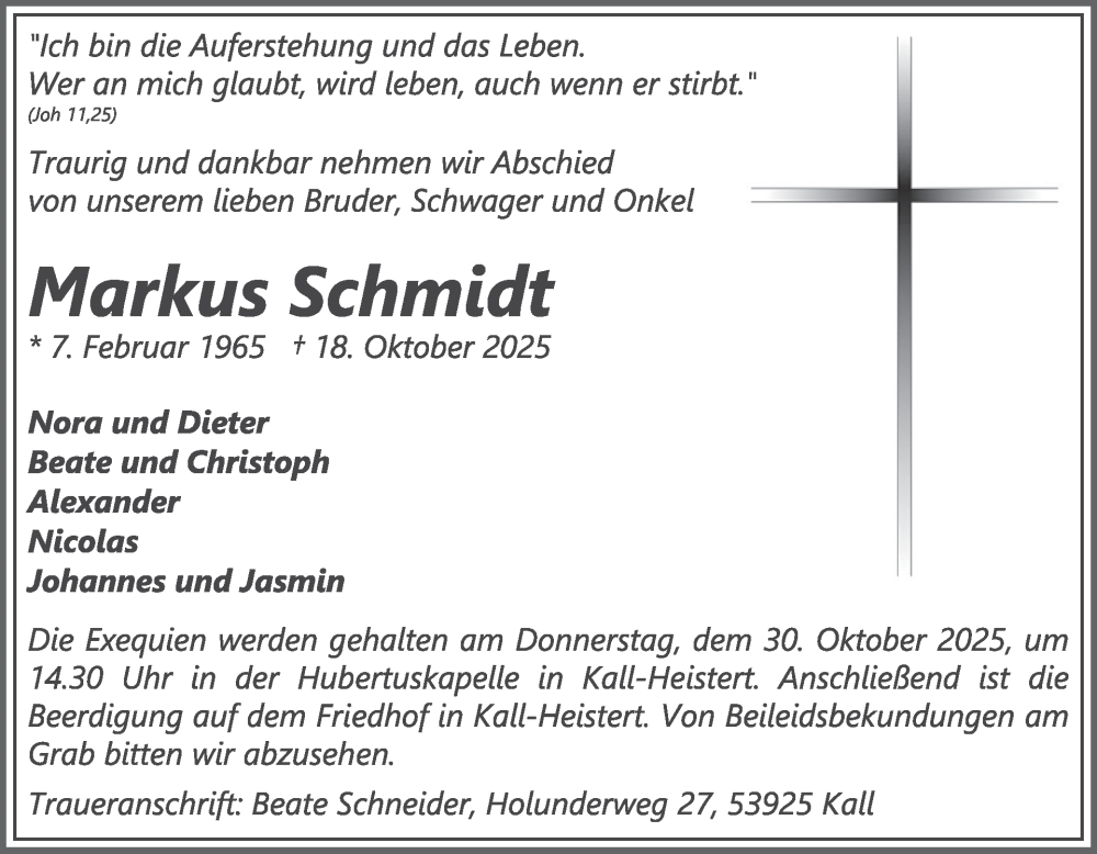  Traueranzeige für Markus Schmidt vom 29.10.2025 aus WochenSpiegel