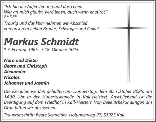Traueranzeige von Markus Schmidt von WochenSpiegel